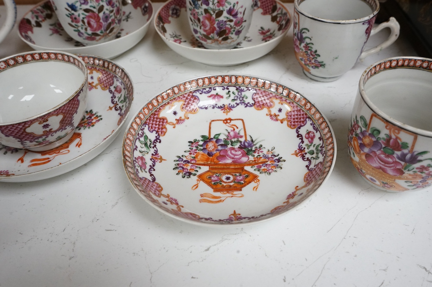 A group of 18th century Chinese export tea and coffee cups, saucers and a mug, mug 9cm high